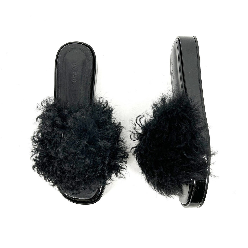 By Far Shana Black Toscana Fuzzy Sandals Slip On Flats Patent Leather Size 38